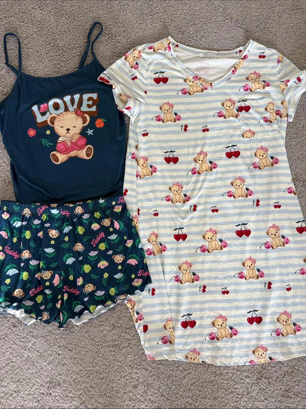 Women's M Navy Teddy Bear Cami & Striped Nightdress Pajama bundle